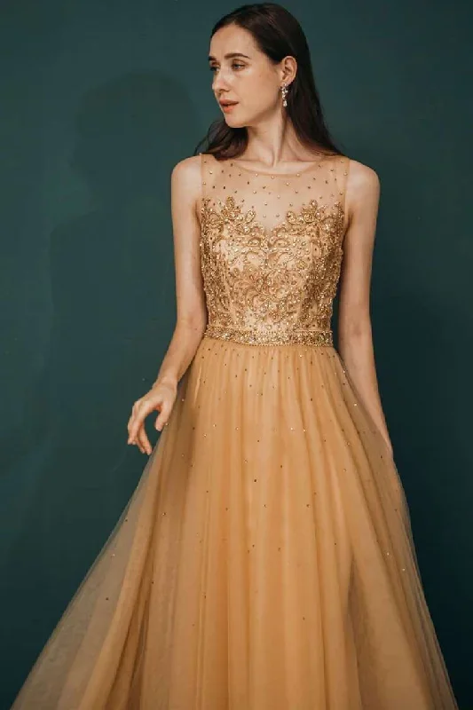 golden-sleeveless-appliques-prom-gown