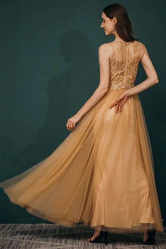 golden-sleeveless-appliques-prom-gown