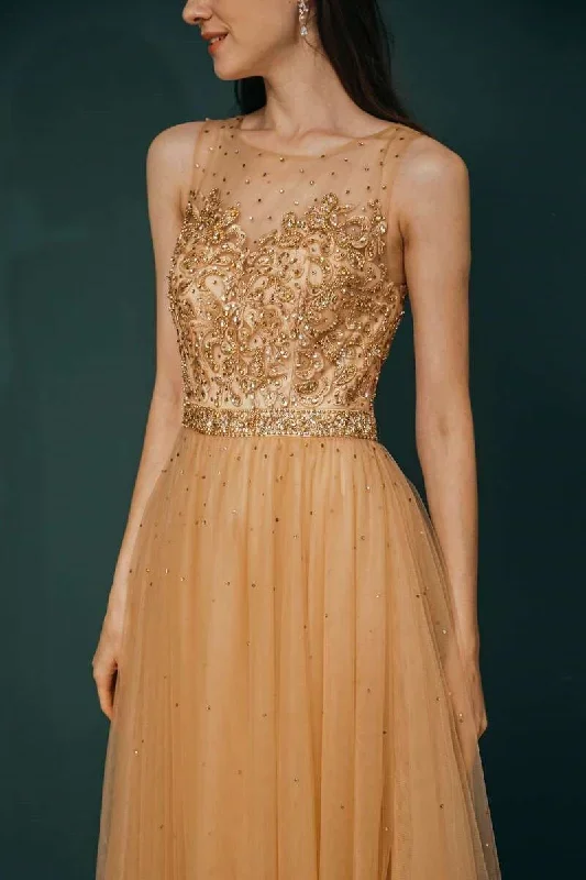 golden-sleeveless-appliques-prom-gown