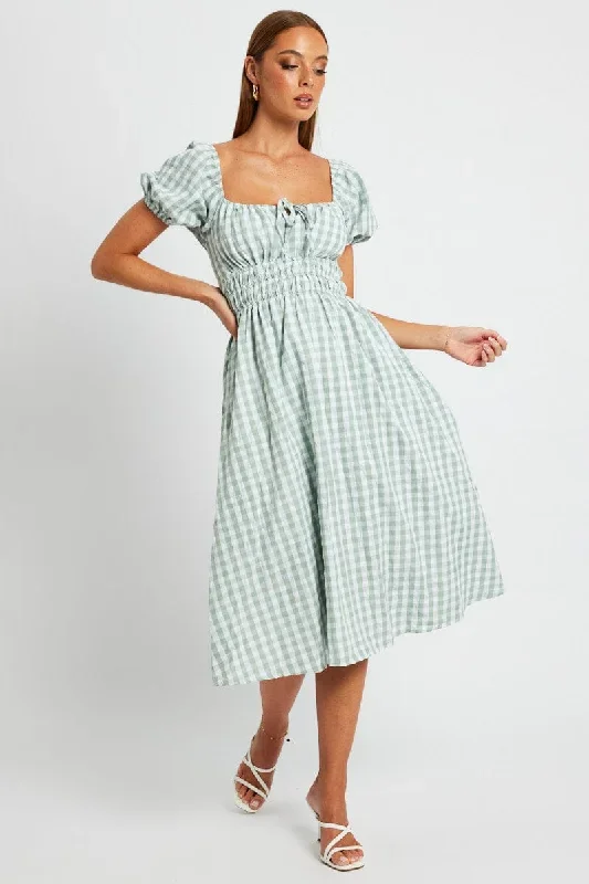 Green Check Midi Dress Short Sleeve Ruched Bust