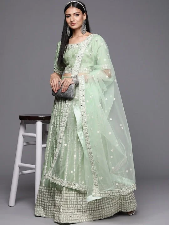 Green Embroidered Semi-Stitched Lehenga & Unstitched Blouse With Dupatta