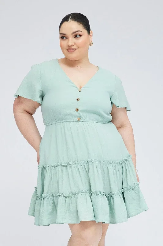 Green Fit and Flare Dress Short Sleeve V-Neck