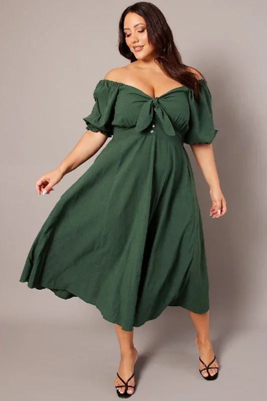 Green Tie Front Button Midi