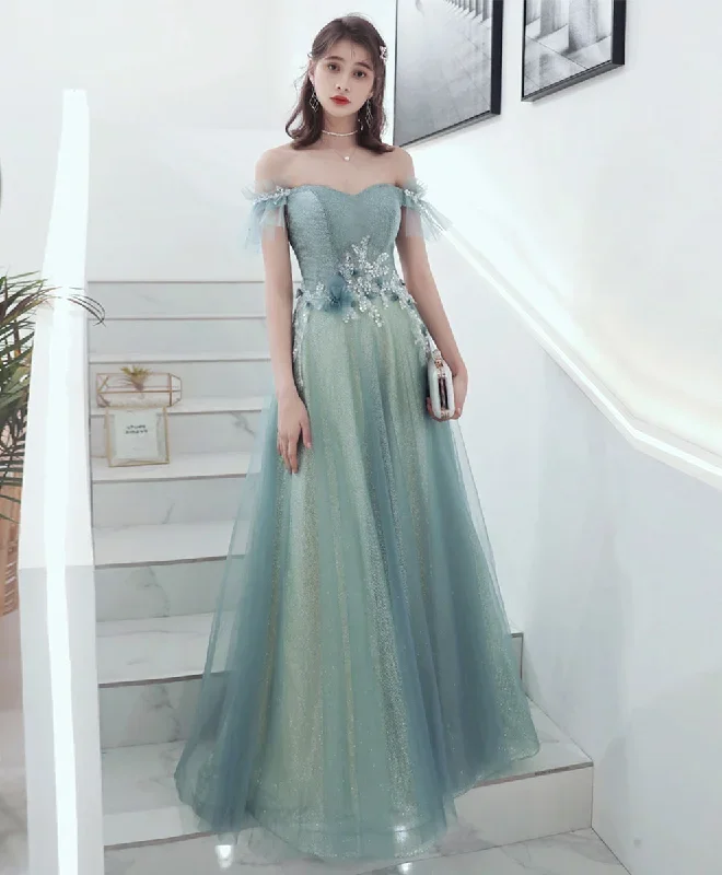 Green Aline Tulle Long Prom Dress, Green Formal Graduation Dress with Applique