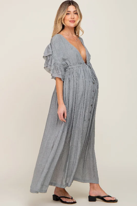 grey-deep-v-neck-button-down-maternity-maxi-dress