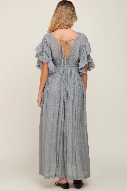 grey-deep-v-neck-button-down-maternity-maxi-dress