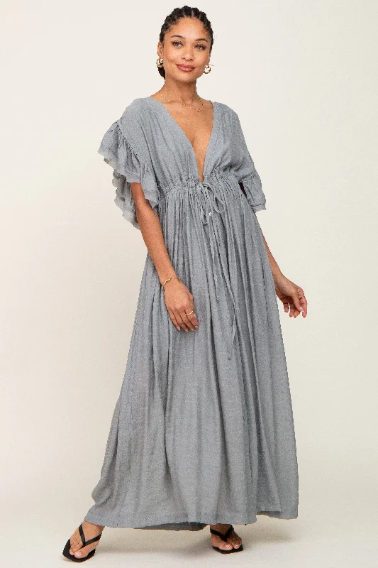 grey-deep-v-neck-button-down-maternity-maxi-dress