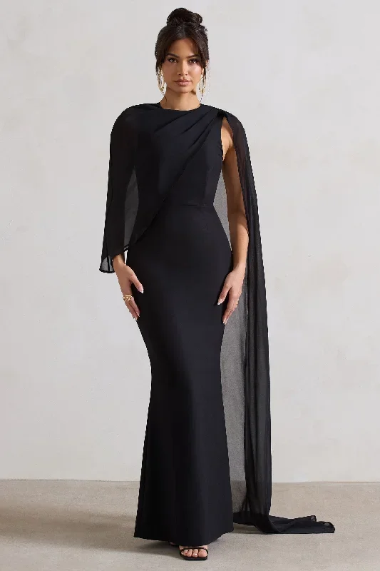 Haze | Black High-Neck Maxi Dress With Chiffon Cape