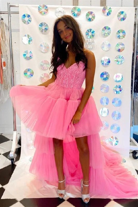 High Low Hot Pink Straps Prom Dress