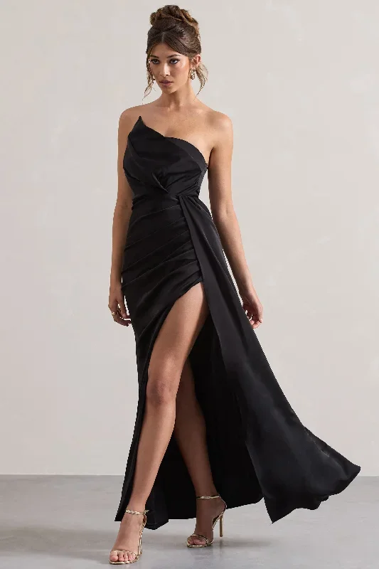 Hollywood | Black Satin Strapless Draped Maxi Dress