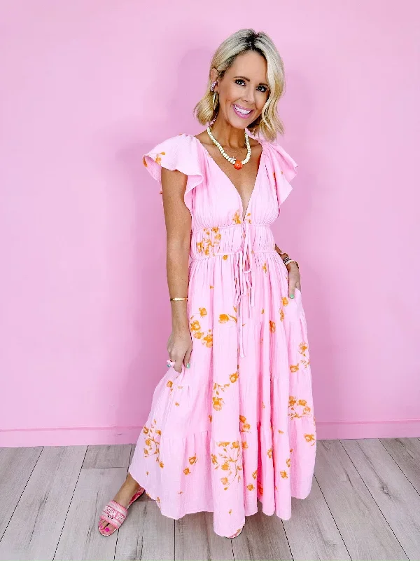 IN THE MOMENT FLORAL GAUZE MIDI DRESS - PINK