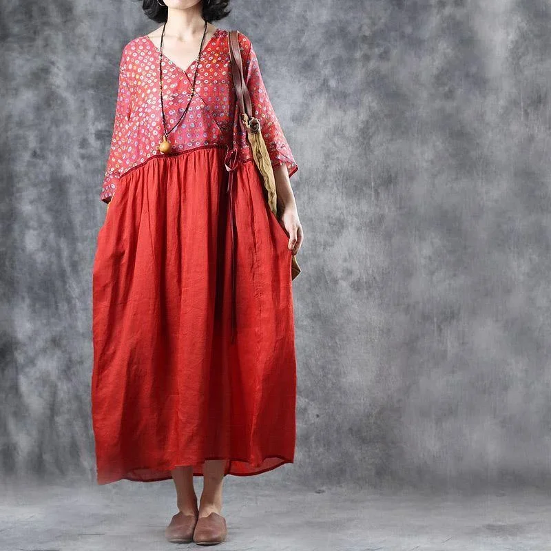 Italian linen outfit Omychic Ramie red Print V-Neck Drawstring Pockets Loose Dress