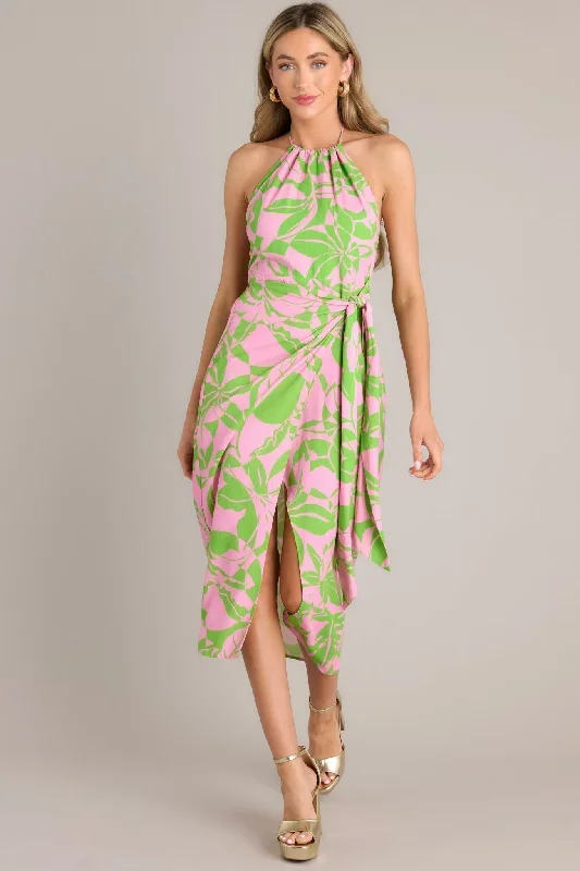 It's Us Pink & Green Tropical Print Halter Midi Dress