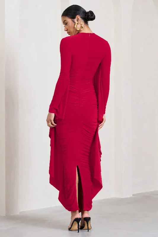 keva-red-long-sleeve-ruched-maxi-dress-with-cape-detailing-cl129265004