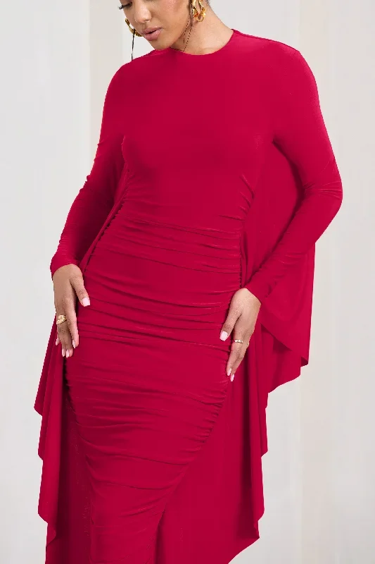 keva-red-long-sleeve-ruched-maxi-dress-with-cape-detailing-cl129265004