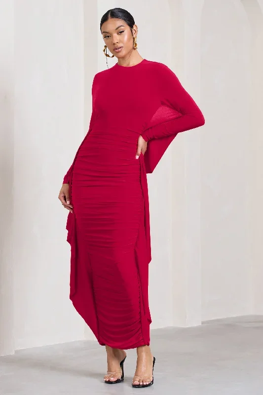 keva-red-long-sleeve-ruched-maxi-dress-with-cape-detailing-cl129265004