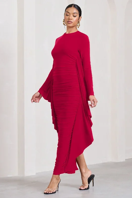 keva-red-long-sleeve-ruched-maxi-dress-with-cape-detailing-cl129265004