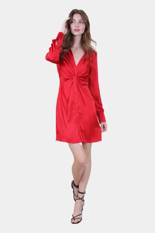 KNOTTED FRONT SHIRT SATIN MINI DRESS