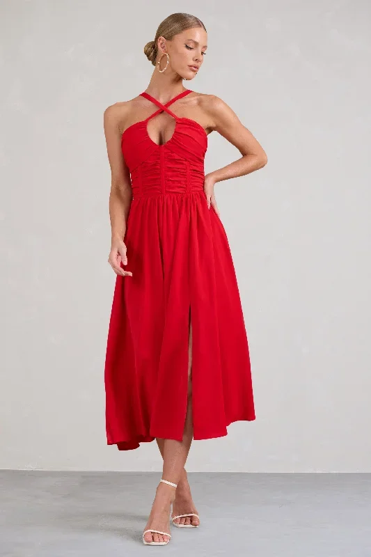 lady-loren-red-ruched-cross-strap-split-midi-dress-cl129423004