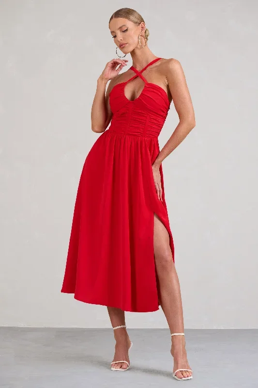 lady-loren-red-ruched-cross-strap-split-midi-dress-cl129423004