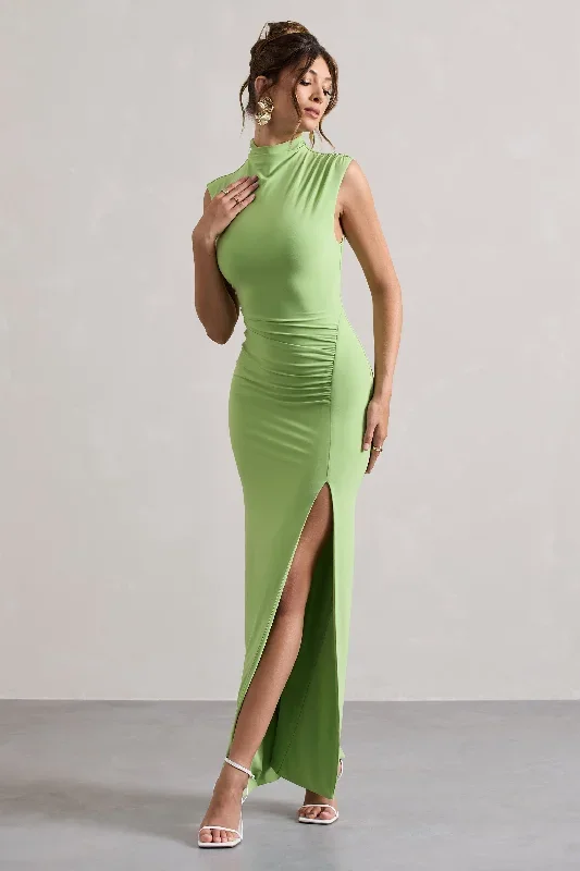 lanetta-light-green-ruched-high-neck-maxi-dress-with-split-cl132239167