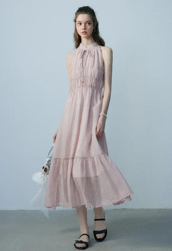 Light Pink Halter Neck Maxi Dress with Tiered Skirt