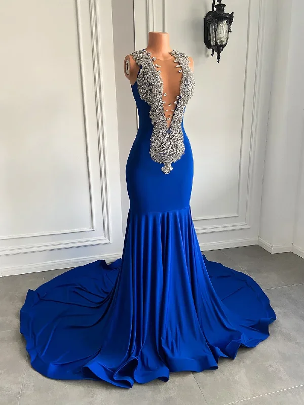 Long Elegant Prom Dresses 2024 Sexy Mermaid Style Luxury Sparkly Diamond Royal Blue Spandex Black Girl Prom Gala Gowns