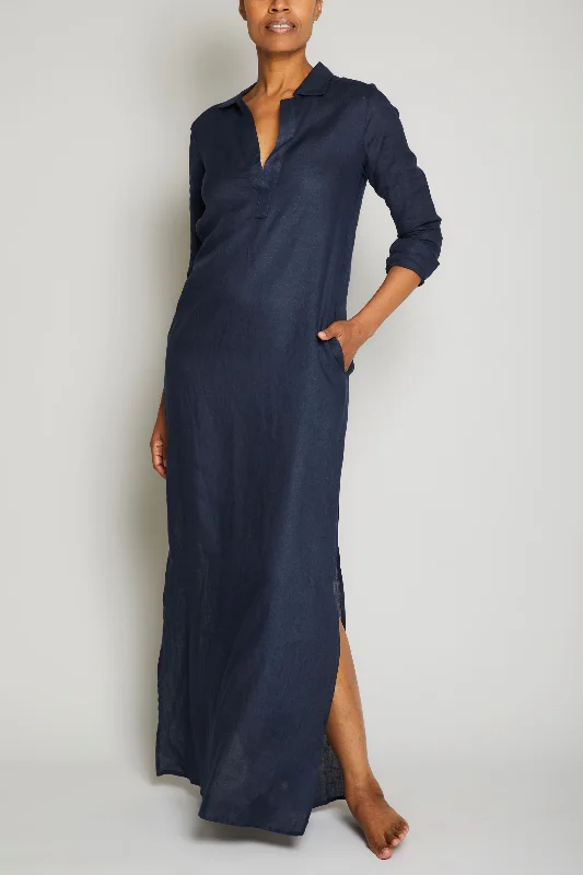 Long Linen Shirt Dress - Navy