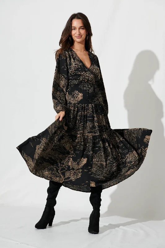 Lopez Midi Dress In Black Sketch Floral