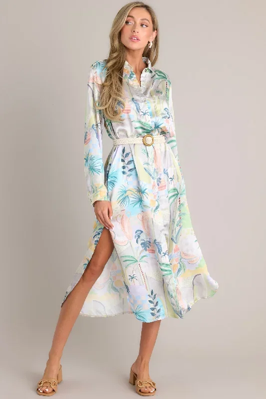 Lush Luau Ivory Tropical Print Button Front Midi Dress