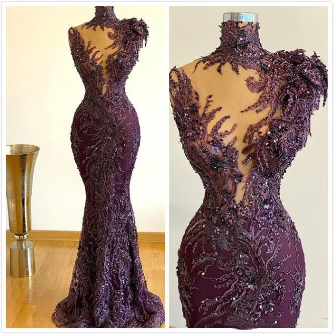 Luxurious Arabic Style Mermaid Prom Party Dresses 2024 Grape Full Lace Beaded Plus Size Formal Evening Occasion Gowns Robe De So