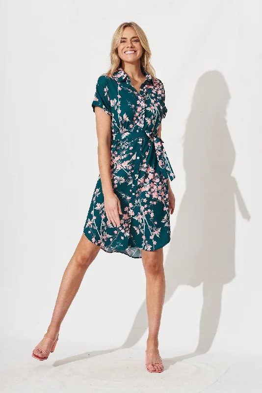 Maddison Shirt Dress In Teal With Pink Cherry Blossom