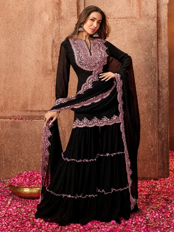 Malaika Arora Black Ethnic Motifs Thread Work Kurta with Skirt & Dupatta