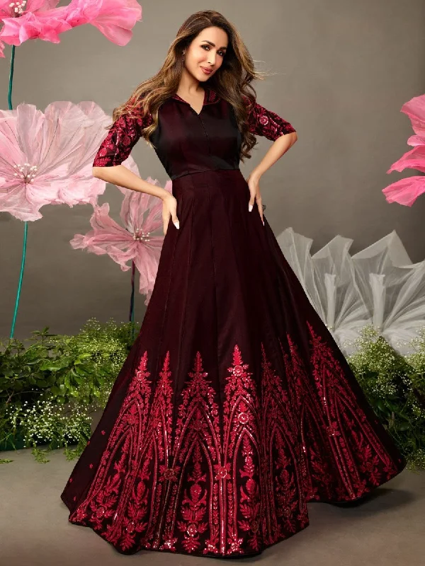 Malaika Arora Maroon Floral Embroidered Fit and Flare Dress