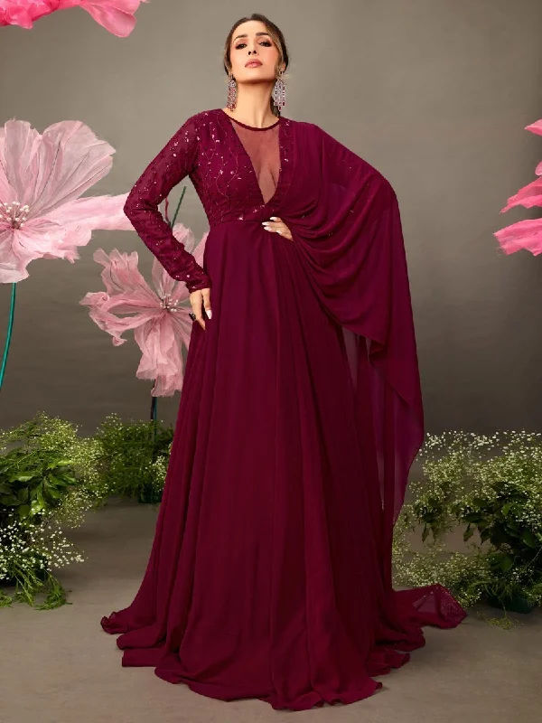 Malaika Arora Maroon Floral Embroidered Gown