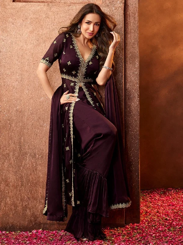 Malaika Arora Mauve Embroidered High Slit Kurta with Palazzos & Dupatta