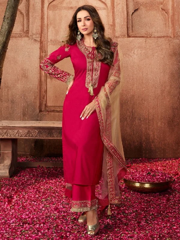 Malaika Arora Style Magenta & Gold Embroidered Kurta Suit