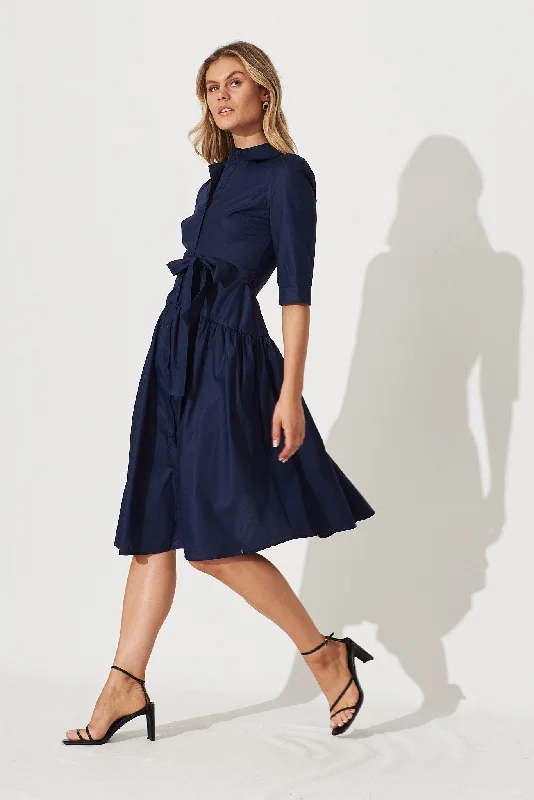 Marie Midi Shirt Dress In Navy Cotton Blend