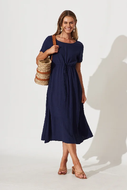 Mary Midi Dress In Navy Linen