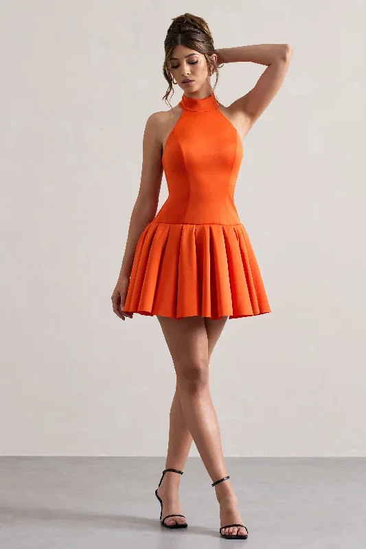 Masterpiece | Orange High-Neck Mini Dress With Volume Hem