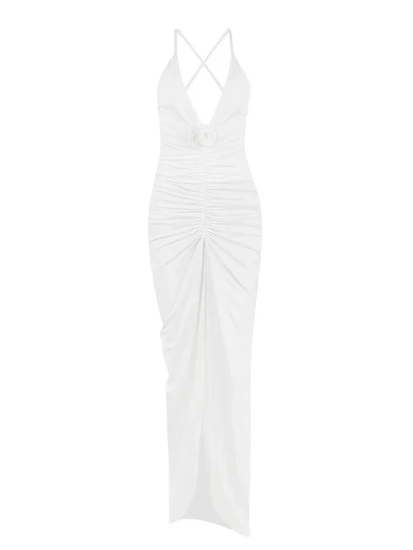 maurice-flower-v-neck-ruched-dress-in-white