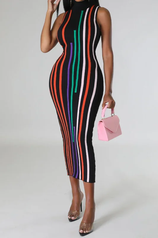 Contrast Striped Mock Neck Midi Dress