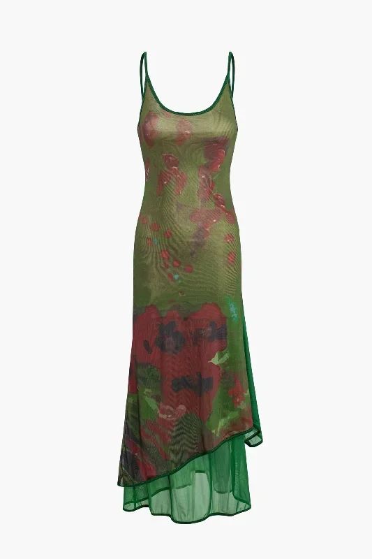 Floral Print Mesh Layer Slip Midi Dress