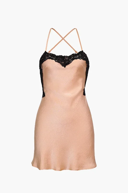 Satin Lace Trim Backless Mini Dress