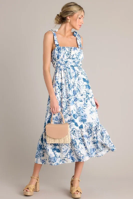 Meadow Muse White & Blue Floral Midi Dress