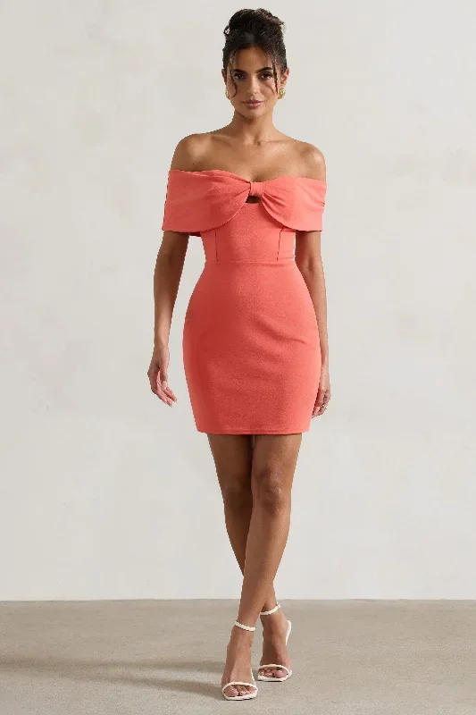 Megan | Coral Bow Bardot Mini Dress