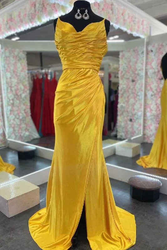 Mermaid Backless Yellow Ruched Long Prom Dress