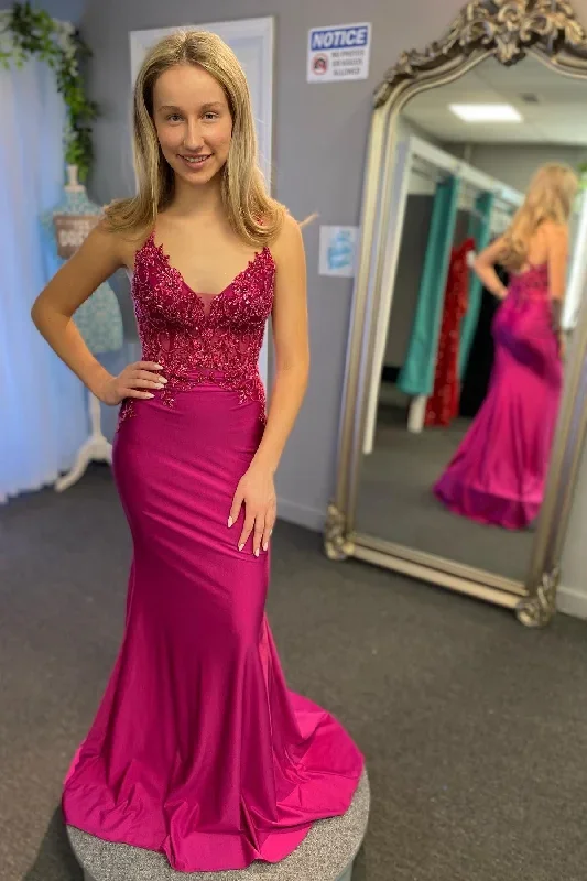 Mermaid Magenta Applique Cross-Back Long Prom Dress