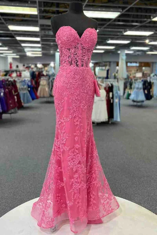 Mermaid Strapless Hot Pink Corset Appliques Long Formal Dress