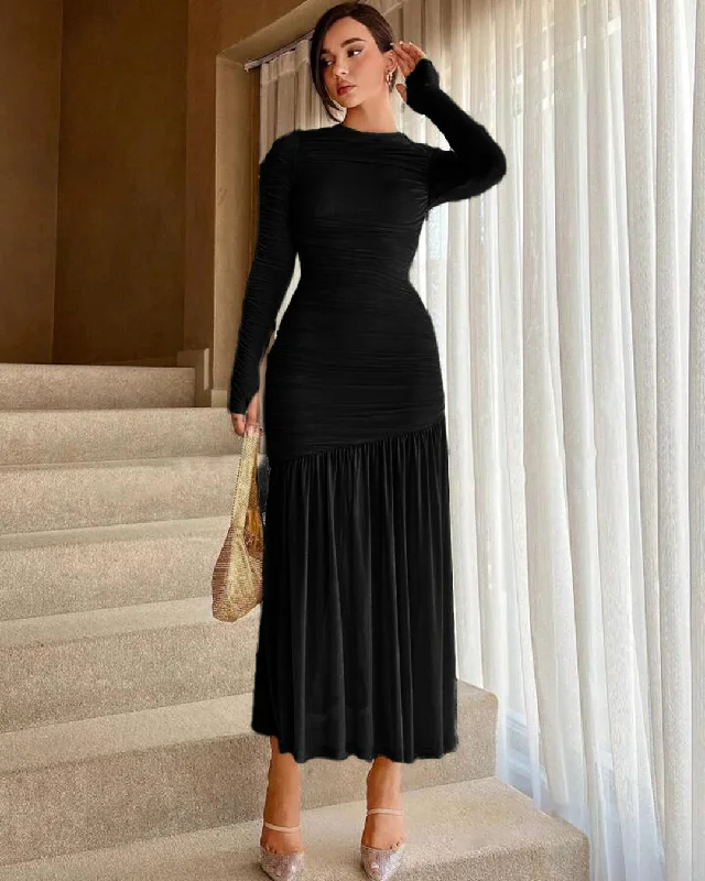 Mesh & Pleated Waist Cinched Long Sleeve Ruffled Black Dress